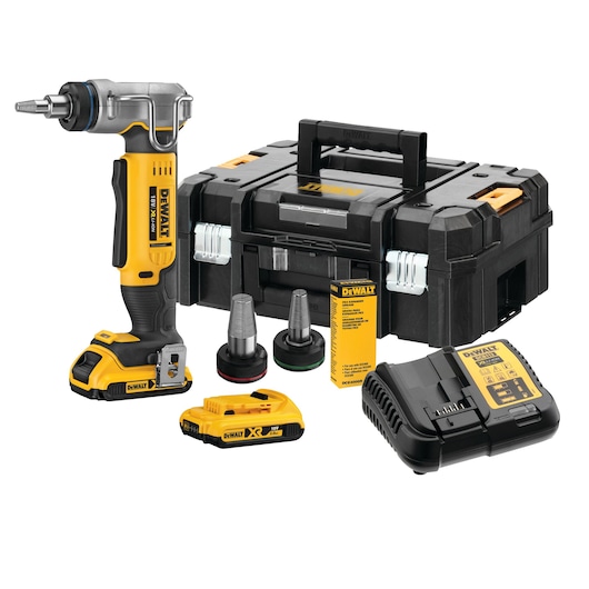 DEWALT DCE400D2 photography category product kit, featuring a yellow and black cordless tool, two batteries, two attachments, a charger, instruction manual, and a sturdy black carrying case.