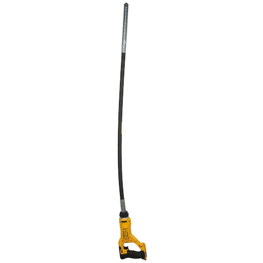 A yellow and black DEWALT concrete vibrator tool with a long flexible shaft, shown against a white background.