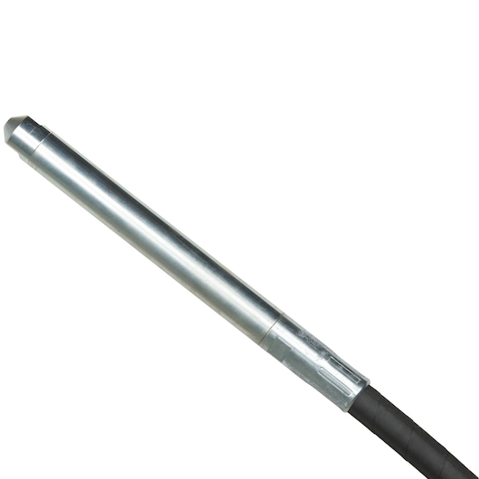 Close-up view of a DEWALT concrete vibrator shaft with a metal cylindrical head and a black hose.