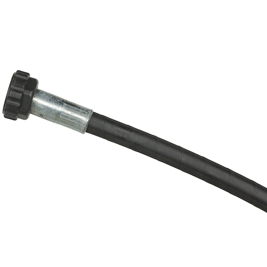Close-up image of a black flexible hose with a metal connector and a threaded black plastic cap.
