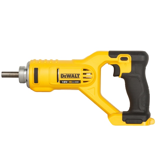 A DEWALT DCE531N-XJ yellow and black cordless concrete vibrator tool with an 18V XR Li-Ion battery slot, shown against a white background.
