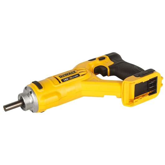 A yellow and black DEWALT cordless tool, model DCE531N-XJ, featuring an 18V lithium-ion battery compartment and a metal nozzle at the front.