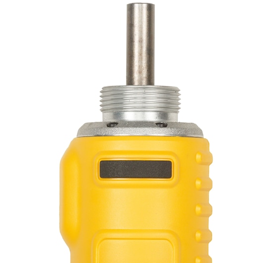 Close-up of the top section of a DEWALT tool, showing a yellow body with a metallic threaded shaft protruding from the top.