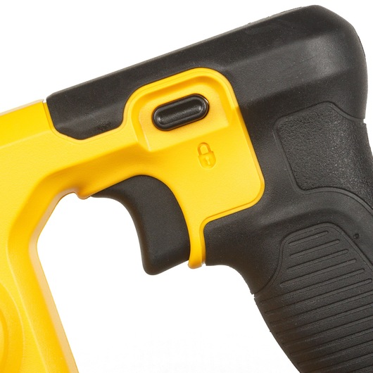 Close-up view of the handle and trigger area of a DEWALT power tool, showing a yellow and black design with a lock symbol next to a black switch.