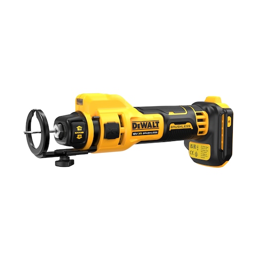 DEWALT 18V XR Brushless rotary tool with a black and yellow design. The tool features a safety guard and ergonomic grip, suitable for cutting or sanding tasks. Model SKU: DCE555N.