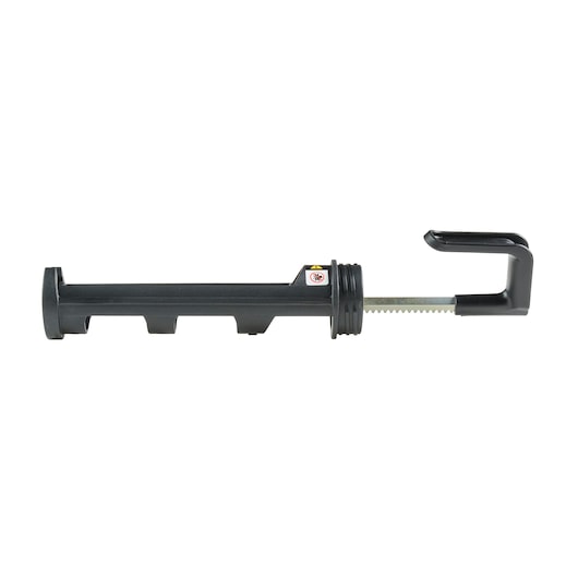 A black DEWALT sausage caulking gun rod, designed for use with sausage packs in caulking guns. The rod has a serrated metal section and a hook at one end.