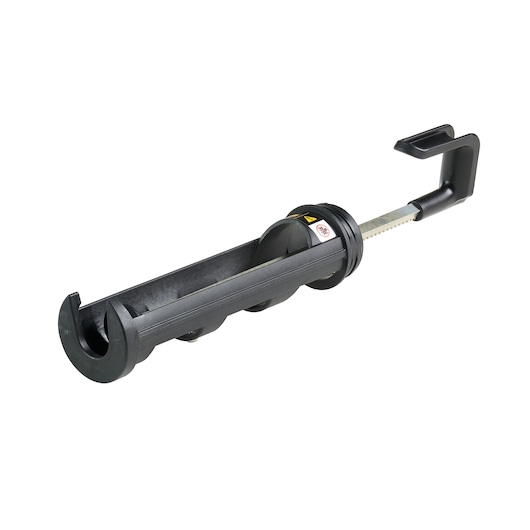 A black cylindrical attachment accessory for a DEWALT caulking gun, shown isolated on a white background. The item features a metal rod with a hook end and a sturdy plastic housing designed to hold caulk or sealant tubes.
