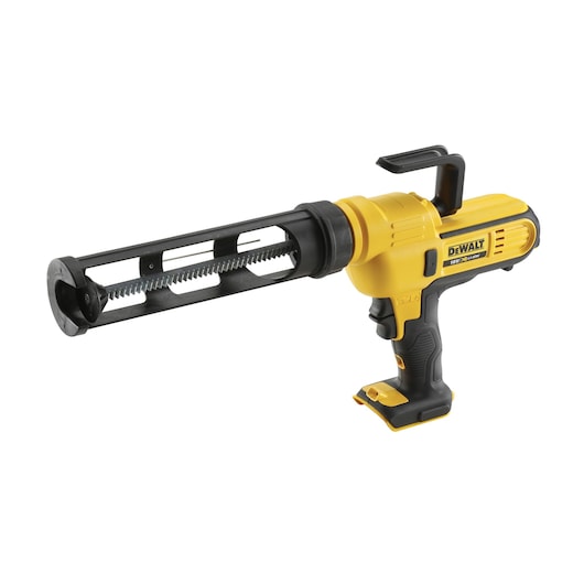 A DEWALT 18V cordless caulking gun, model DCE560N, featuring a yellow and black body with a long barrel for dispensing sealant or adhesive. The tool is shown without a battery or cartridge inserted.
