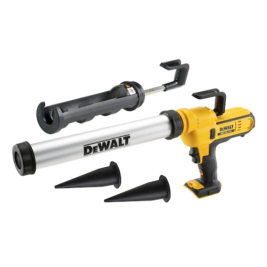 A DEWALT cordless caulking gun with tube attachments and two nozzle tips, designed for dispensing sealant or adhesive. The product is shown disassembled with all parts displayed.