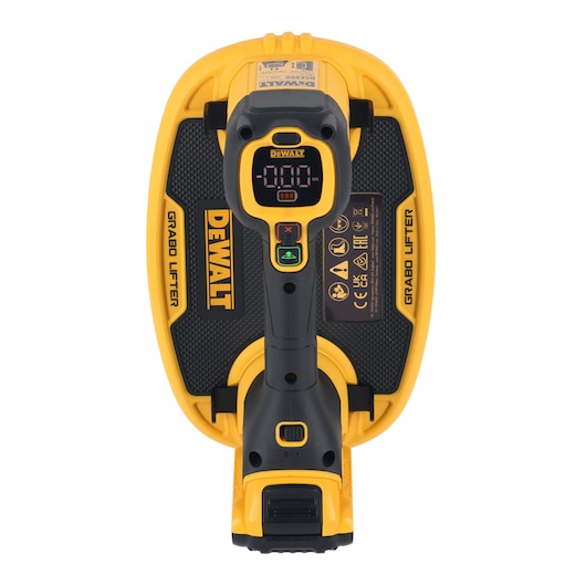 A DEWALT Grabo Lifter, a handheld rechargeable vacuum suction lifter tool with digital display, designed for lifting smooth and rough materials. The product is black and yellow with prominent DEWALT branding.