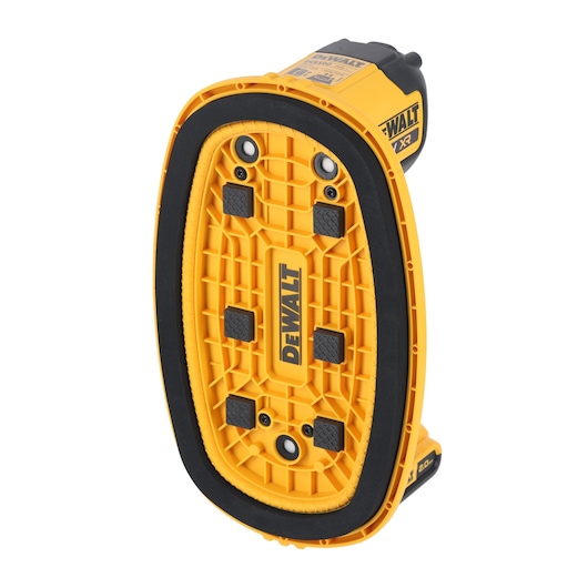 A close-up image of a DEWALT cordless power tool, showing the yellow and black plastic base with textured pads and DEWALT branding.