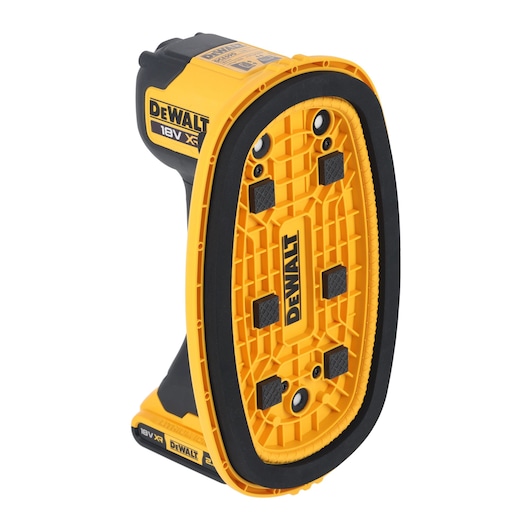 A DEWALT 18V XR cordless tool, shown with a yellow and black robust housing, featuring a large oval base with textured surface and branded DEWALT logo. The tool is likely designed for smoothing or working on surfaces.
