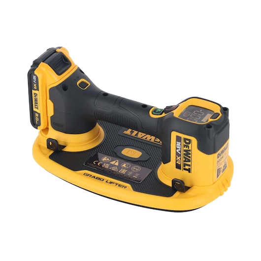 A DEWALT branded cordless electric vacuum grabo lifter tool, primarily black and yellow in color, with an 18V XR 2.0Ah battery attached. The tool is used for lifting and handling smooth surfaces such as glass or tiles.