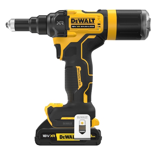 A DEWALT 18V XR brushless cordless tool, featuring a black and yellow design, with a compact grip and removable battery at the base. The product is shown isolated on a white background.