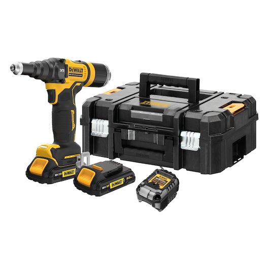 DEWALT cordless power tool kit including an 18V drill, two batteries, a charger, and a black and yellow carrying case.