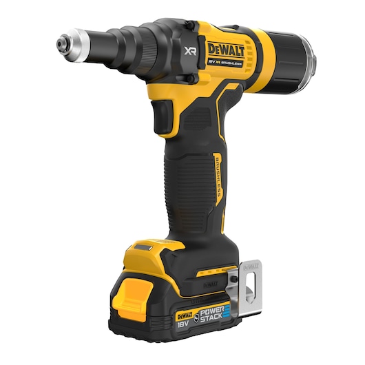 A DEWALT 18V XR brushless cordless power tool, specifically a screw gun, shown in yellow and black with a POWERSTACK battery attached.