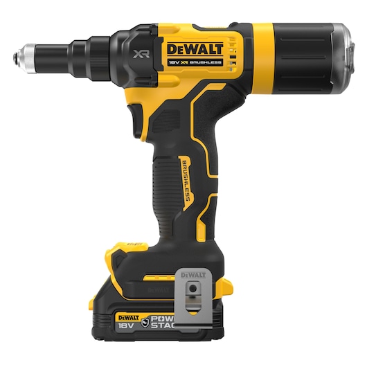 A DEWALT 18V XR Brushless cordless power tool with a compact design, mainly black and yellow, featuring a POWERSTACK battery pack attached at the base.
