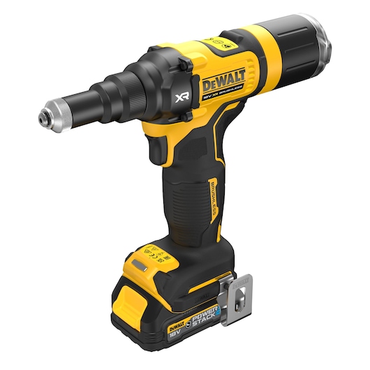 A DEWALT DCF403E1GT 18V cordless brushless screwdriver with POWERSTACK battery, shown in yellow and black color, designed for professional use.