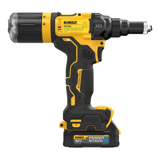 DEWALT DCF403E1GT 18V cordless power tool with a black and yellow ergonomic design and POWERSTACK battery.