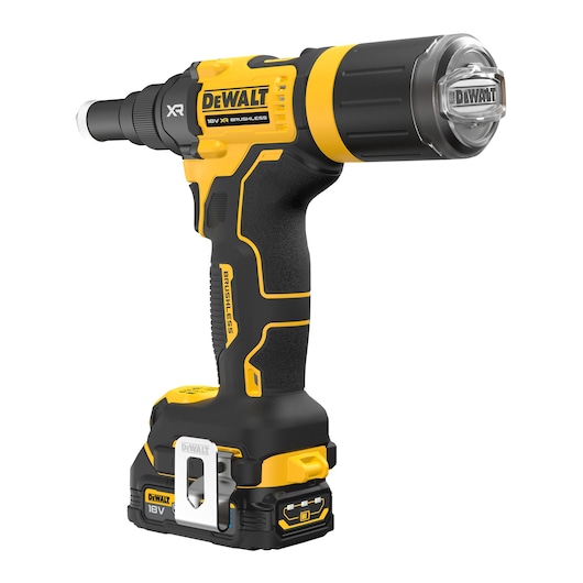 A DEWALT 18V XR brushless cordless power tool with a black and yellow body and an ergonomic design, model DCF403E1GT, photographed on a white background.
