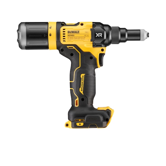 A DEWALT DCF403NT cordless brushless yellow and black power tool, designed for professional fastening and installation tasks, shown on a white background.