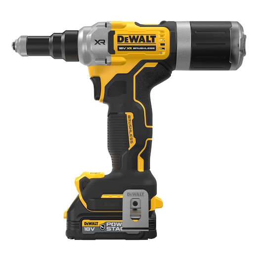 A DEWALT 18V XR brushless cordless power tool with a yellow and black design, shown from the side. The model appears to be a DCF414E2GT rivet gun with a compact battery attached at the base.