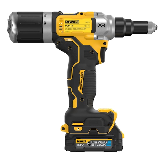 DEWALT DCF414E2GT 18V cordless brushless screw gun with Powerstack battery, featuring a yellow and black ergonomic design and XR branding.