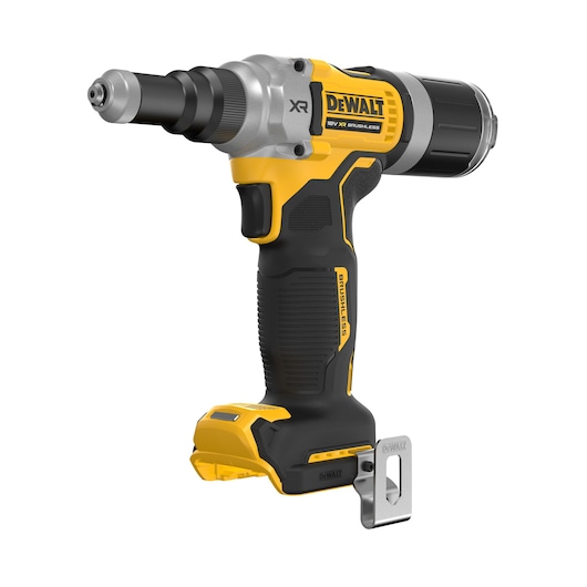 A DEWALT DCF414NT cordless 18V XR brushless power tool, featuring a black and yellow design, with a pistol grip and a metal belt clip.
