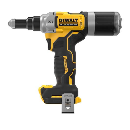 A DEWALT 18V XR brushless cordless tool, model DCF414NT, shown in side profile. The tool is mainly yellow and black with silver and metallic accents, featuring a compact, ergonomic design with a belt clip. The image highlights the tool without a battery attached.
