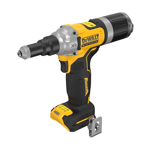 A DEWALT DCF414NT cordless power tool, shown in yellow and black, with a brushless motor and metal attachment. The tool is designed for industrial and construction use.