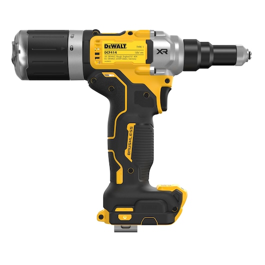 DEWALT DCF414NT 18V XR brushless cordless tool with a yellow and black ergonomic design, used for fastening or drilling tasks.
