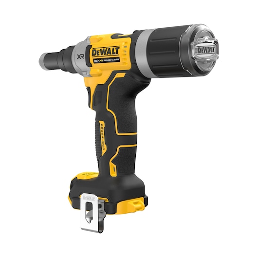 A DEWALT 18V XR brushless cordless rivet tool, model DCF414NT, shown in a close-up with black and yellow coloring and a metal belt clip at the base.