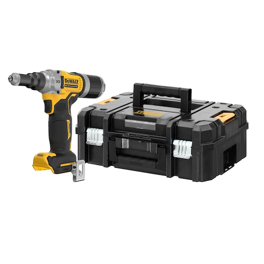 A DEWALT cordless power tool with a black and yellow design is shown next to a sturdy black carrying case with a handle and metal latches.