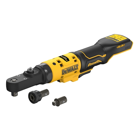 DEWALT brushless cordless ratchet tool with yellow and black design, accompanied by two metal socket adaptors, displayed on a white background.