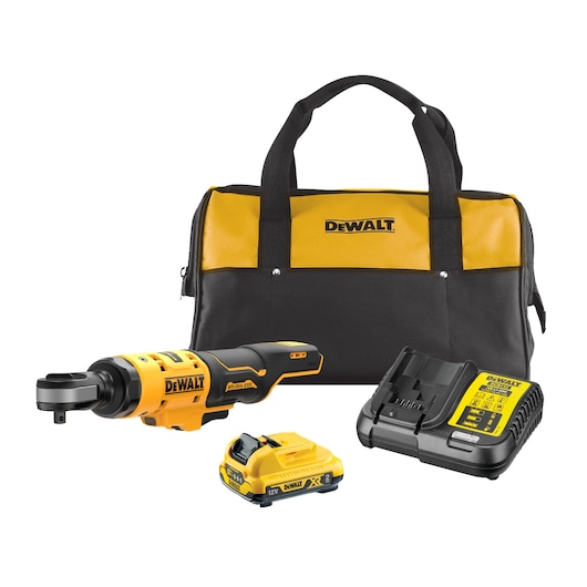 DEWALT cordless ratchet kit including a yellow and black power ratchet tool, battery, charger, and a matching carry bag.