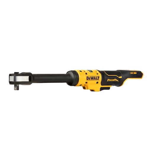 A DEWALT cordless brushless ratchet tool with a long black and yellow handle, photographed on a white background.