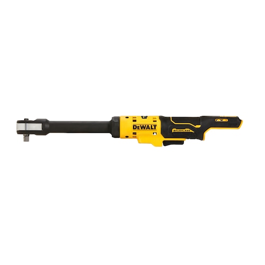 DEWALT cordless brushless ratchet tool, model DCF503EN, shown in a side view with yellow and black casing and a long handle.