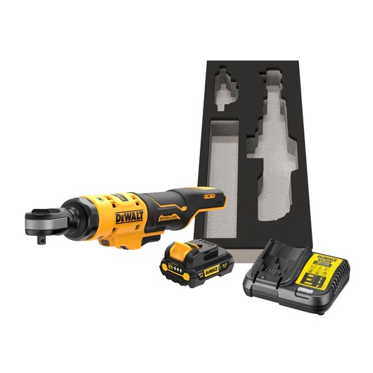 DEWALT cordless ratchet kit including a yellow and black brushless ratchet tool, a battery, a charger, and a custom foam tray for storage.