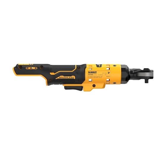 A DEWALT DCF503N cordless brushless ratchet tool with a yellow and black design, shown in profile view on a white background.