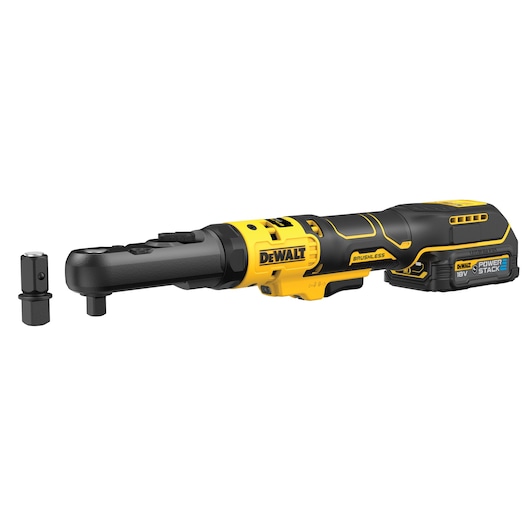 DEWALT cordless ratchet wrench with brushless motor and an 18V Power Stack battery, shown alongside an interchangeable socket adapter. The tool features a yellow and black design.