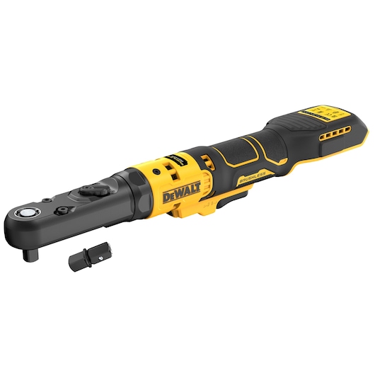 A DEWALT DCF510N cordless brushless ratchet tool in yellow and black, with a removable accessory attachment placed beside it.