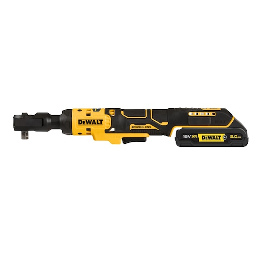 DEWALT 18V XR cordless brushless ratchet tool with 2.0Ah battery, displayed on a white background.