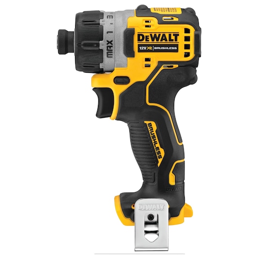 A DEWALT 12V XR brushless cordless screwdriver, shown upright with yellow and black design, featuring a belt clip at the bottom and brand markings on the handle.