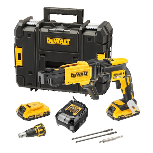 DEWALT cordless drywall screw gun kit with black and yellow screw gun, carrying case, two batteries, battery charger, extension rods, and attachments displayed together.