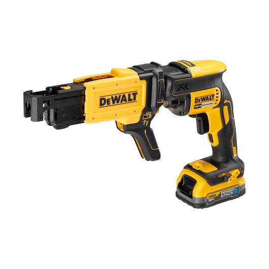 A DEWALT cordless drywall screw gun with magazine attachment, featuring a yellow and black design and labeled 'XR' and 'POWERSTACK 18V'.