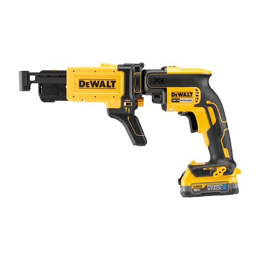 A yellow and black DEWALT 18V XR cordless drywall screw gun with PowerStack battery pack, shown from the side on a white background.