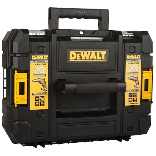 Black and yellow DEWALT tool storage case featuring branding and specifications for the DEWALT DCF620NT-XJ 18V XR Lithium Ion brushless drywall screwdriver.