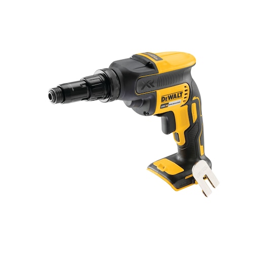 DEWALT cordless drywall screwdriver with ergonomic handle, yellow and black, shown without battery on white background.