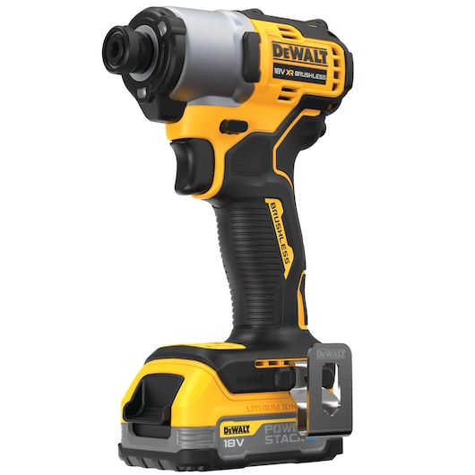 A DEWALT 18V XR brushless cordless impact driver with a yellow and black design, featuring a lithium-ion battery and a belt clip attachment.