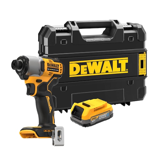 DEWALT cordless impact driver set, including a yellow and black 18V XR brushless impact driver, a battery pack, and a black carrying case with a large DEWALT logo.